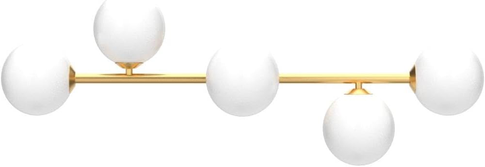 Bathroom Vanity Lights, 5-Light Bathroom Light Fixtures, Mid Century Modern Gold Bathroom Light Ceiling Light, Dimmable LED Wall Sconces Semi-Flush Mount Light Fixture with Milk Glass, Gold Brushed