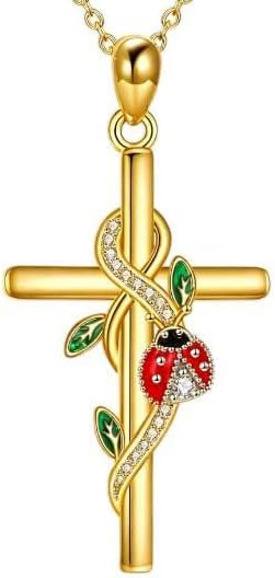 DOVRAN 10K/14k/18K Solid Gold Cross Personalized Necklace Ladybug Cross Pendant Religious Jewelry Gifts for Women Men