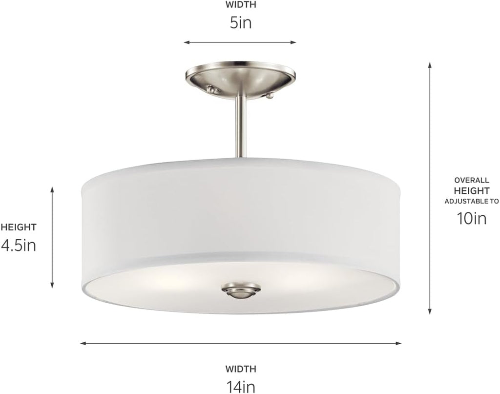 Kichler Shailene 14' 3-Light Semi Flush Mount Ceiling Light Fixture with Satin Etched White Diffuser and White Microfiber Shade in Brushed Nickel for Bathroom or Bedroom, 43675NI