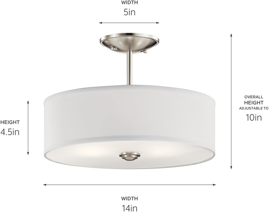 Kichler Shailene 14' 3-Light Semi Flush Mount Ceiling Light Fixture with Satin Etched White Diffuser and White Microfiber Shade in Brushed Nickel for Bathroom or Bedroom, 43675NI