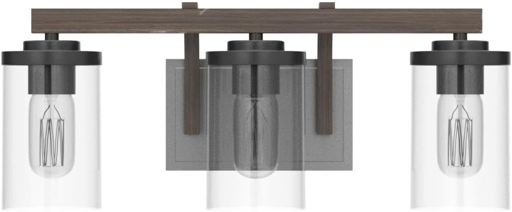 LALUZ Bathroom Vanity Light Fixtures, 3-Light Farmhouse Vanity Light with Clear Glass Shades, Faux Wood, 20'' L x 6.3'' W x 8.7'' H