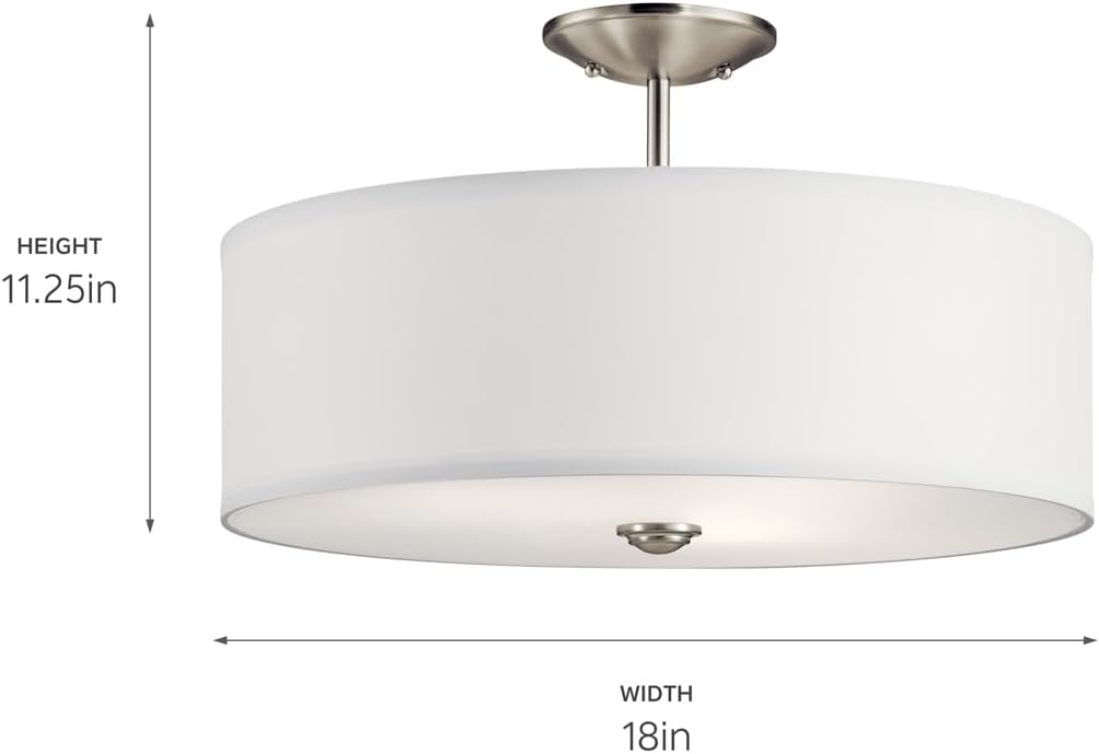 Kichler Shailene 18' Semi Flush Mount Light in Brushed Nickel, 3-Light Round Ceiling Light with Satin Etched White Diffuser, (18' W x 11.25' H), 43692NI