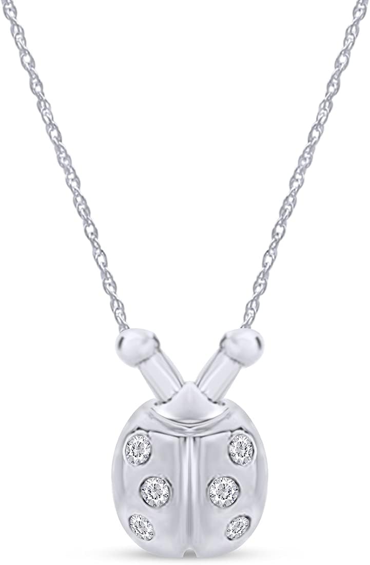 AFFY 1/10 Carat Round Cut Natural Diamond Ladybug Pendant Necklace With Bezel Setting In 14K Gold Over Sterling Silver (I2-I3 Clarity, I-J Color)