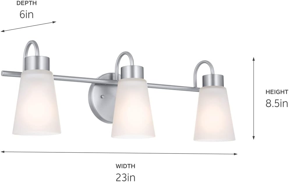 Kichler Erma 3-Light Bathroom Vanity Light Fixture with Satin Etched Glass Shades, Updated Traditional Wall Lighting in Brushed Nickel for Mirror, (23' x 8.5' x 6'), 55126NI