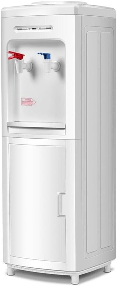 Pemberly Row Electric Water Dispenser, 5 Gallon Bottle Capacity, White Plastic, 11.8'x11.0'x31.5', Child Safety Lock, LED Indicator, Storage Cabinet, Top Load Design for Home or Office Use