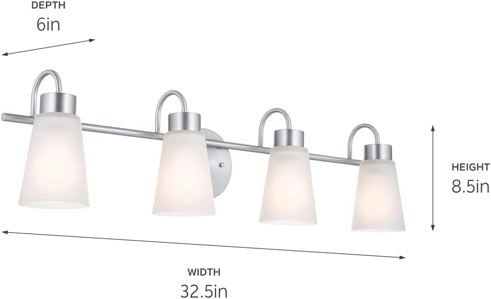 Kichler Erma 4-Light Bathroom Vanity Light Fixture with Satin Etched Glass Shades, Brushed Nickel Wall Mount over Mirror Lighting for Bathroom Vanity (32.5' x 8.5' x 6'), 55127NI