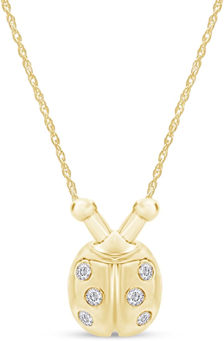 AFFY 1/10 Carat Round Cut Natural Diamond Ladybug Pendant Necklace With Bezel Setting In 14K Gold Over Sterling Silver (I2-I3 Clarity, I-J Color)
