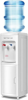Pemberly Row Electric Water Dispenser, 5 Gallon Bottle Capacity, White Plastic, 11.8'x11.0'x31.5', Child Safety Lock, LED Indicator, Storage Cabinet, Top Load Design for Home or Office Use