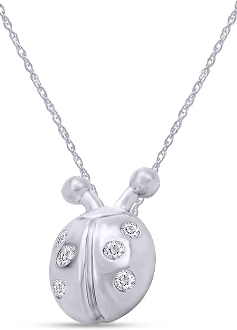 AFFY 1/10 Carat Round Cut Natural Diamond Ladybug Pendant Necklace With Bezel Setting In 14K Gold Over Sterling Silver (I2-I3 Clarity, I-J Color)