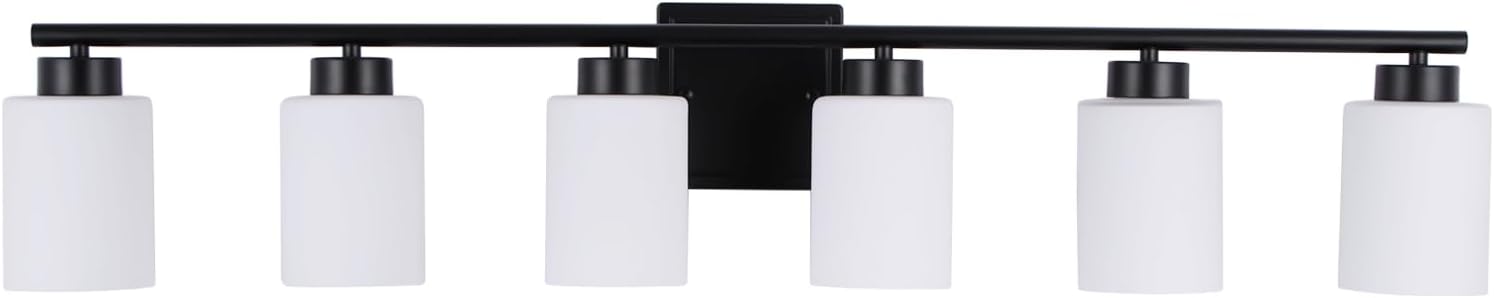 6 Light Bathroom Light Fixtures, 40 Inches Vanity Lights for Mirror, Black Vanity Lighting Fixtures with Milky White Glass Shades