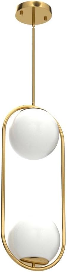 BYOLIIMA Modern Gold Globe Chandelier 2-Lights Mid Century Pendant Light Brushed Brass Ceiling Hanging Lighting Fixture with White Globe Glass Lampshade for Kitchen Island Dining Room Bedroom