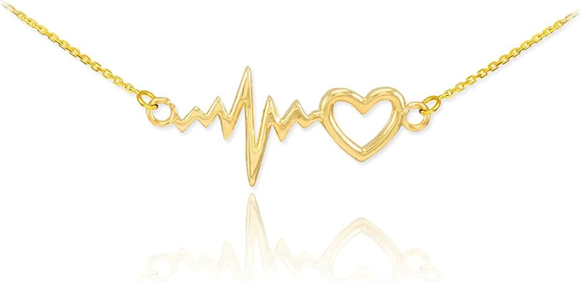 14k Yellow Gold Lifeline Pulse Heartbeat Charm Open Heart Pendant Necklace