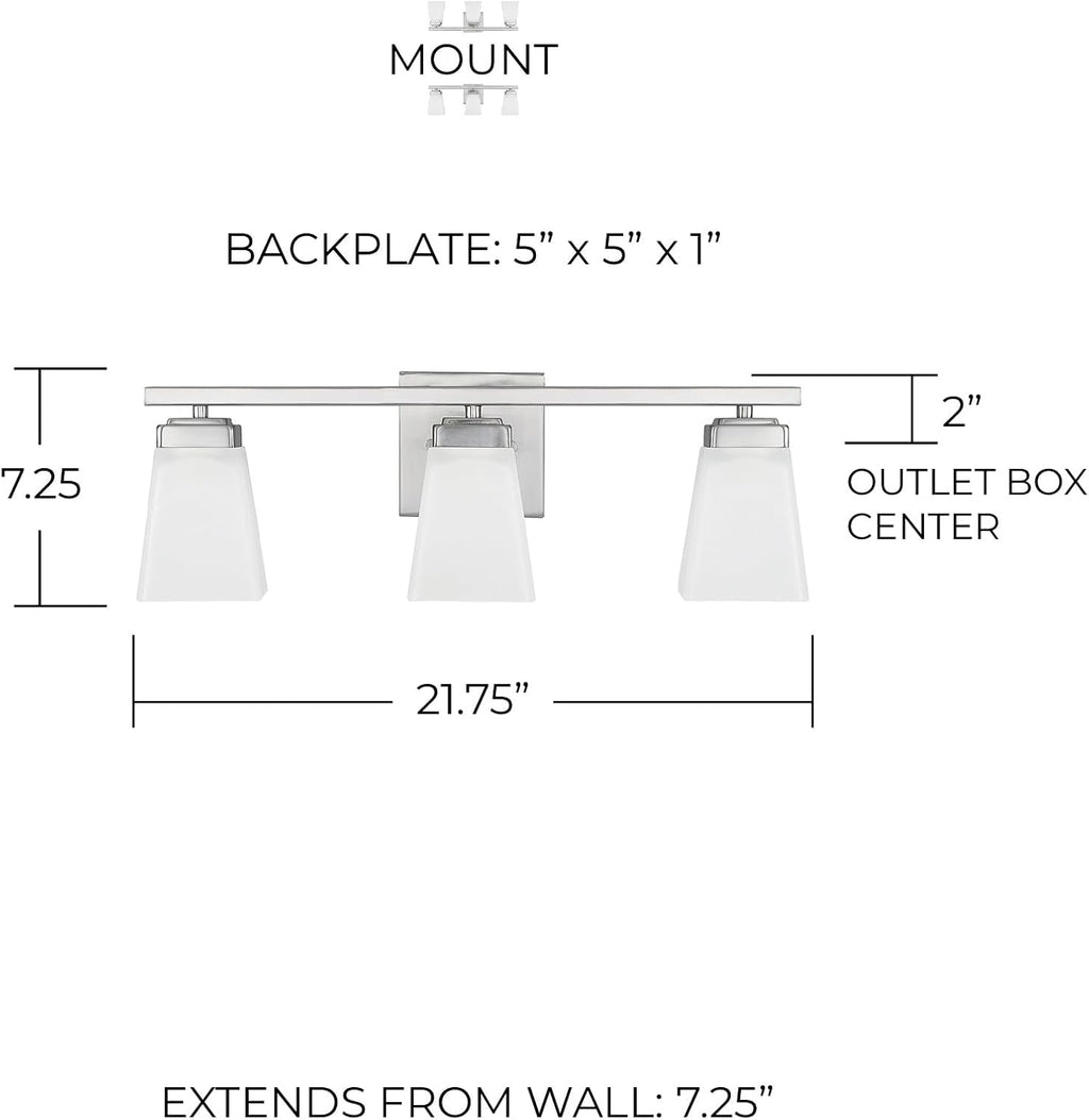 HomePlace Lighting 114431BN-334 Baxley Modern Soft White Glass Bathroom Vanity Wall Light, 3-Light 300 Total Watts, 7'H x 22'W, Brushed Nickel