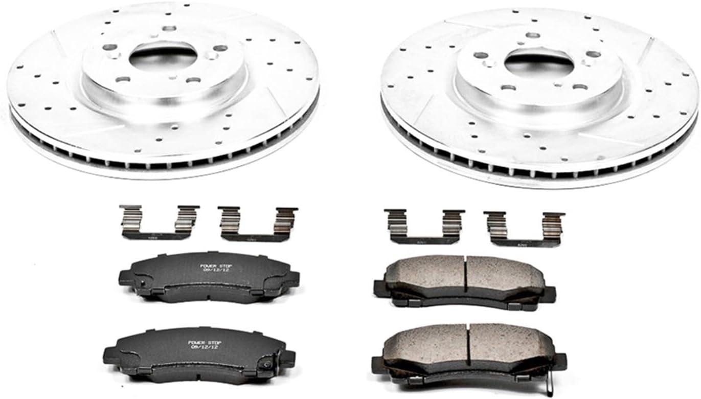 PowerStop Front Brake Kit for Acura TL 2009-14 - Drilled and Slotted Disc Rotors with Carbon-Fiber Ceramic Brake Pads Replacement, K5855