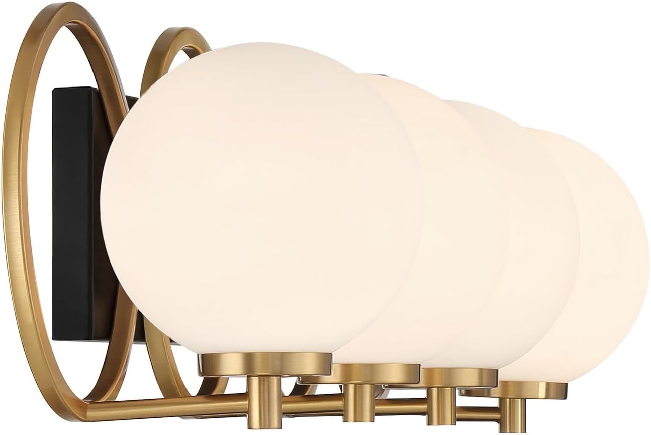 Savoy House 8-6180-4-143 Alhambra Art Deco Style Soft Frosted Glass Orb Bathroom Vanity Light, 4-Light 240 Total Watts, 8'' H x 33'' W, Matte Black & Warm Brass