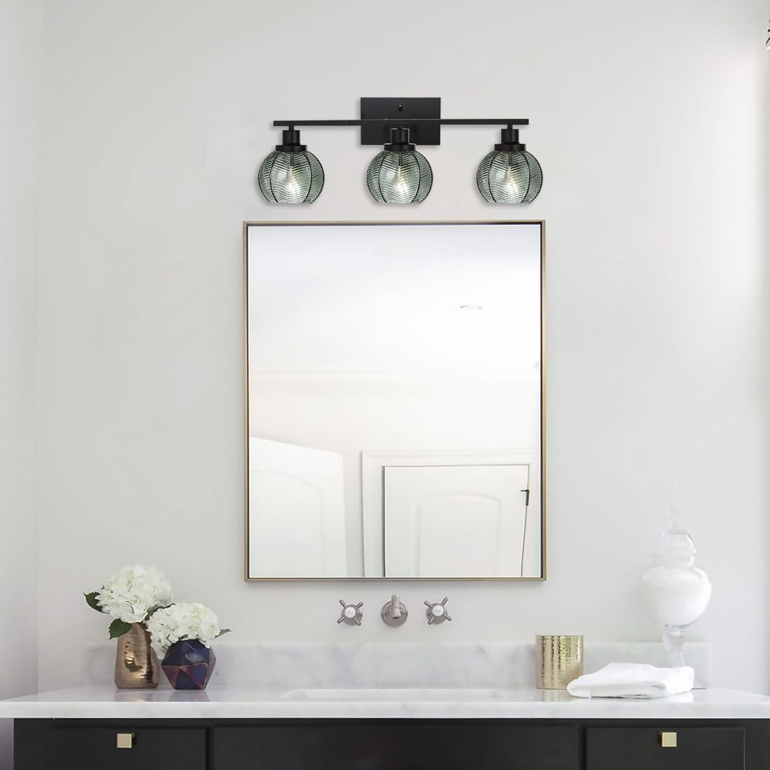 3-Light Bathroom Light Fixture Green Wall Lights with Ribbed Glass Shade Black Vanity Light Over Mirror Mid Century Wall Sconce for Bedside Bedroom Living Room