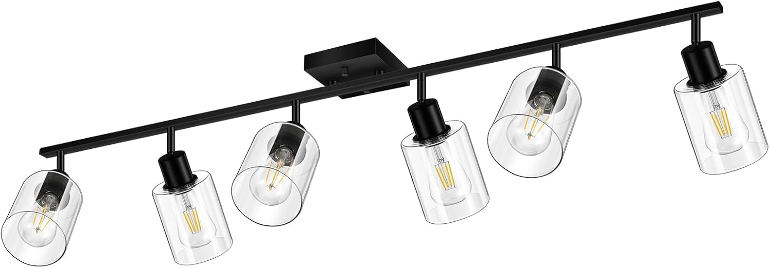 Track Lighting Fixtures Ceiling, 6-Light Track Light with Clear Glass Shade, 45' Modern Kitchen Lighting Ceiling with Rotatable Track Head, Black Wall Light for Vanity Hallway Bedroom(E26, No Bulb)