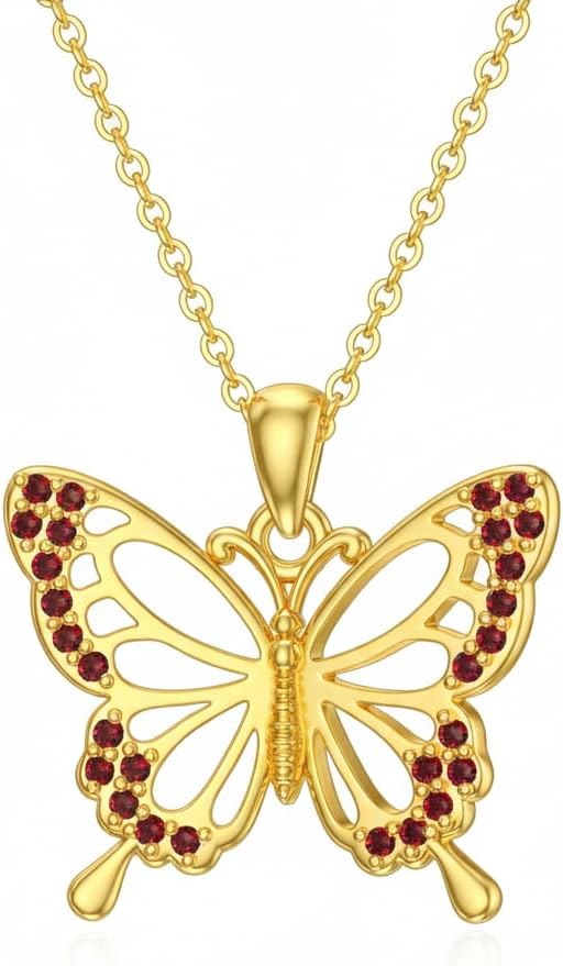 DOVRAN Real Solid Gold Birthstone Butterfly/Dragonfly/Bee/Hummingbird Necklace for Women Yellow Gold Animal Pendant for Christmas Dainty Jewelry Birthday Gifts for Mom Wife