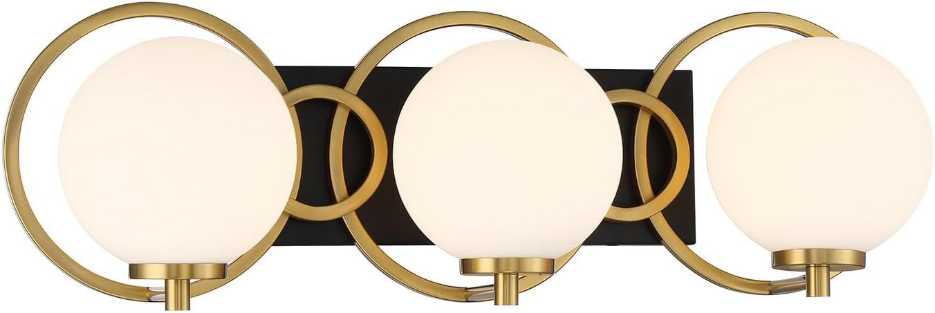 Savoy House 8-6180-3-143 Alhambra Vintage Mid-Century Modern Soft Frosted Glass Orb Bathroom Vanity, 3-Light 180 Total Watts, 8' H x 25' W, Matte Black & Warm Brass