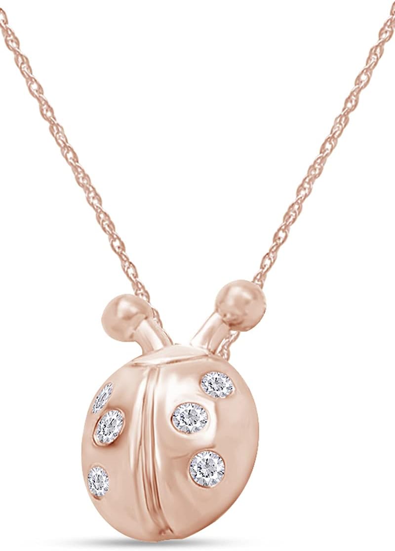 AFFY 1/10 Carat Round Cut Natural Diamond Ladybug Pendant Necklace With Bezel Setting In 14K Gold Over Sterling Silver (I2-I3 Clarity, I-J Color)