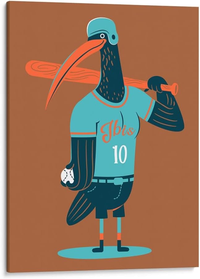 Canvas Lab | The Major League Baseball Playing Ibis by Najesi | 30 x 40 in | Canvas Print Wall Art | Cartoons, Comedy, Illustrations, Kids, Sports and games, Americana, Retro, Modern