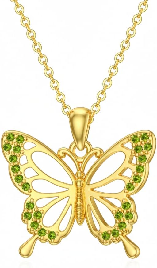 DOVRAN Real Solid Gold Birthstone Butterfly/Dragonfly/Bee/Hummingbird Necklace for Women Yellow Gold Animal Pendant for Christmas Dainty Jewelry Birthday Gifts for Mom Wife