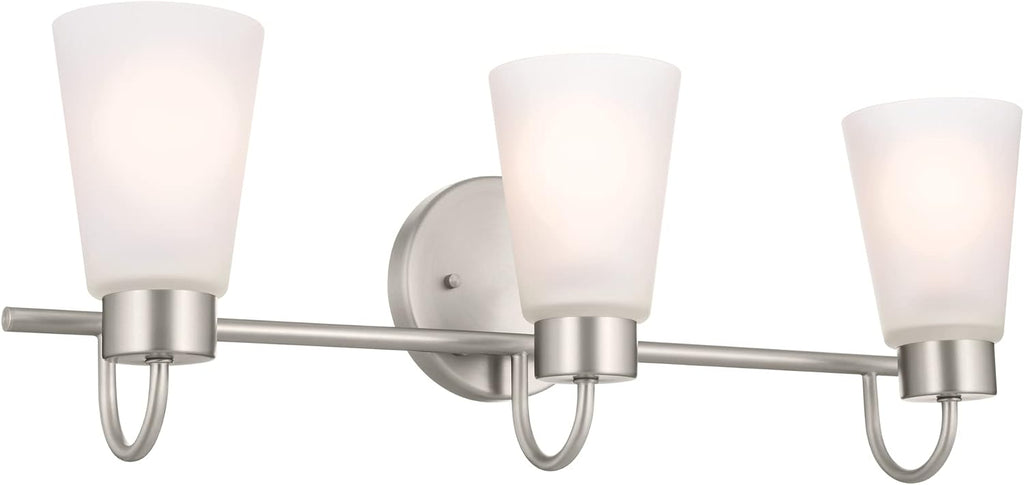 Kichler Erma 3-Light Bathroom Vanity Light Fixture with Satin Etched Glass Shades, Updated Traditional Wall Lighting in Brushed Nickel for Mirror, (23' x 8.5' x 6'), 55126NI