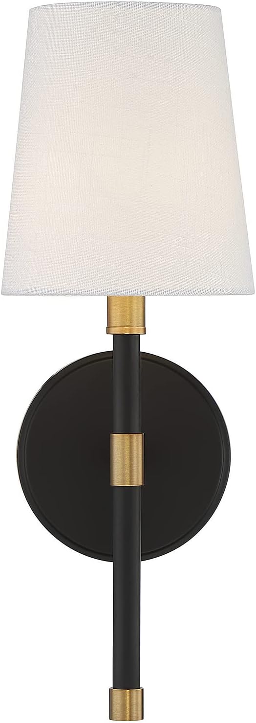 Savoy Essentials 9-1632-1-143 Brody Traditional White Fabric Wall Sconce, 1-Light 60 Watt, 16' H x 6' W, Matte Black with Warm Brass Accents