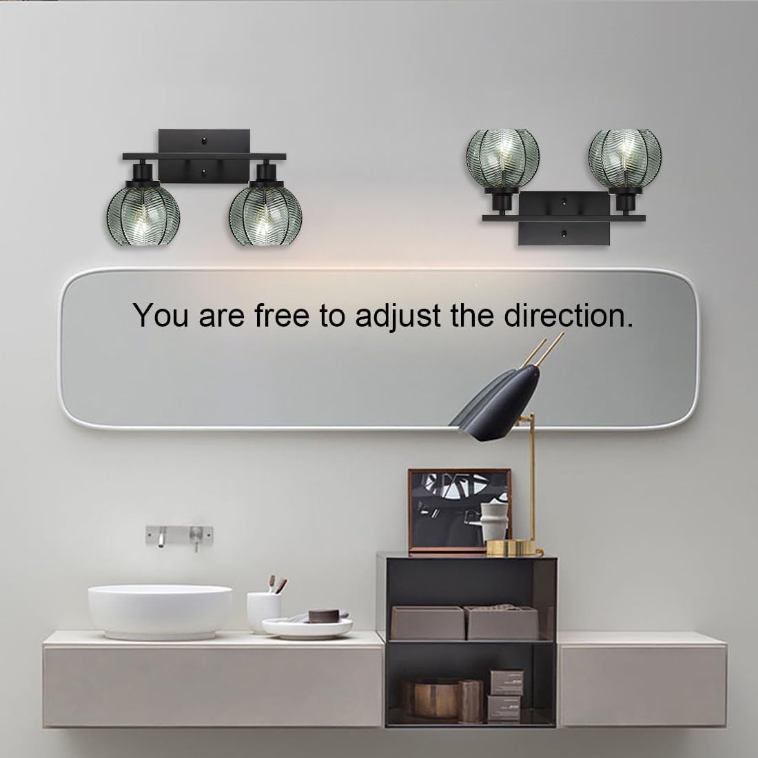 Set of 2 Wall Sconces for Bathroom Modern Vanity Light Fixtures 2-Light Black Wall Sconce with Green Glass Shade Farmhouse Wall Lights for Bedroom Living Room