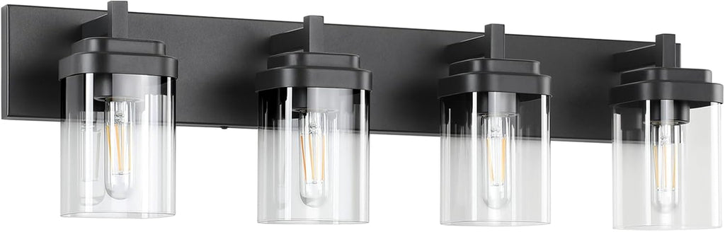 4-Light Vanity Light Fixture, Bathroom Wall Sconces, Bathroom Vanity Lighting Over Mirror | Square Clear Glass Shade | Bulbs Not Included | E26 Socket | Black