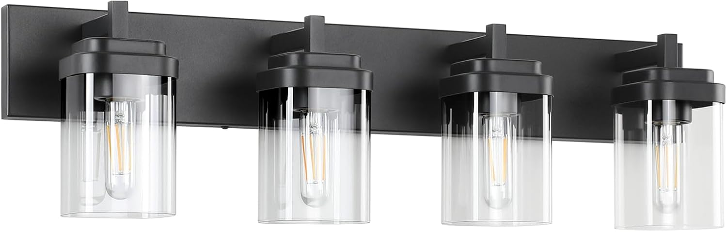 4-Light Vanity Light Fixture, Bathroom Wall Sconces, Bathroom Vanity Lighting Over Mirror | Square Clear Glass Shade | Bulbs Not Included | E26 Socket | Black