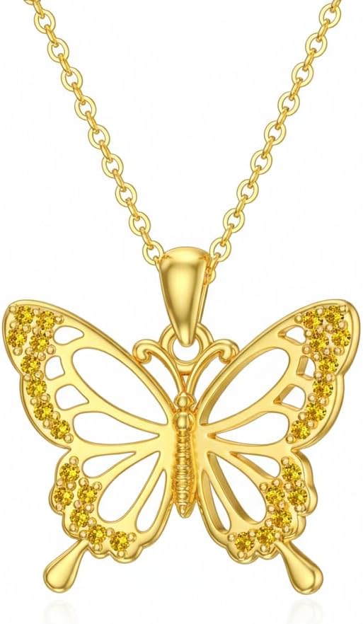 DOVRAN Real Solid Gold Birthstone Butterfly/Dragonfly/Bee/Hummingbird Necklace for Women Yellow Gold Animal Pendant for Christmas Dainty Jewelry Birthday Gifts for Mom Wife