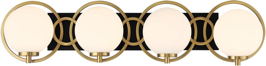 Savoy House 8-6180-4-143 Alhambra Art Deco Style Soft Frosted Glass Orb Bathroom Vanity Light, 4-Light 240 Total Watts, 8'' H x 33'' W, Matte Black & Warm Brass