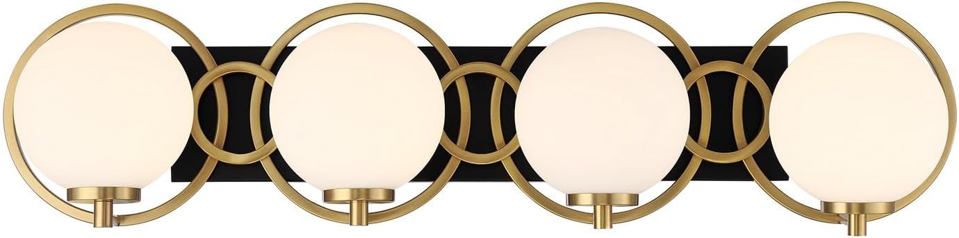 Savoy House 8-6180-4-143 Alhambra Art Deco Style Soft Frosted Glass Orb Bathroom Vanity Light, 4-Light 240 Total Watts, 8'' H x 33'' W, Matte Black & Warm Brass