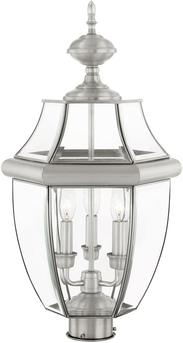 Livex Lighting 2354-91 Monterey 3 Light Outdoor Brushed Nickel Finish Solid Brass Post Head with Clear Beveled Glass