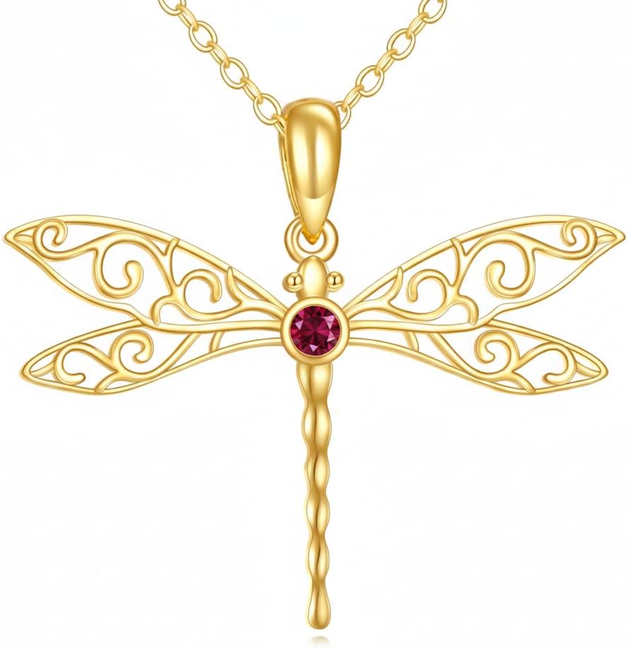 DOVRAN Real Solid Gold Birthstone Butterfly/Dragonfly/Bee/Hummingbird Necklace for Women Yellow Gold Animal Pendant for Christmas Dainty Jewelry Birthday Gifts for Mom Wife