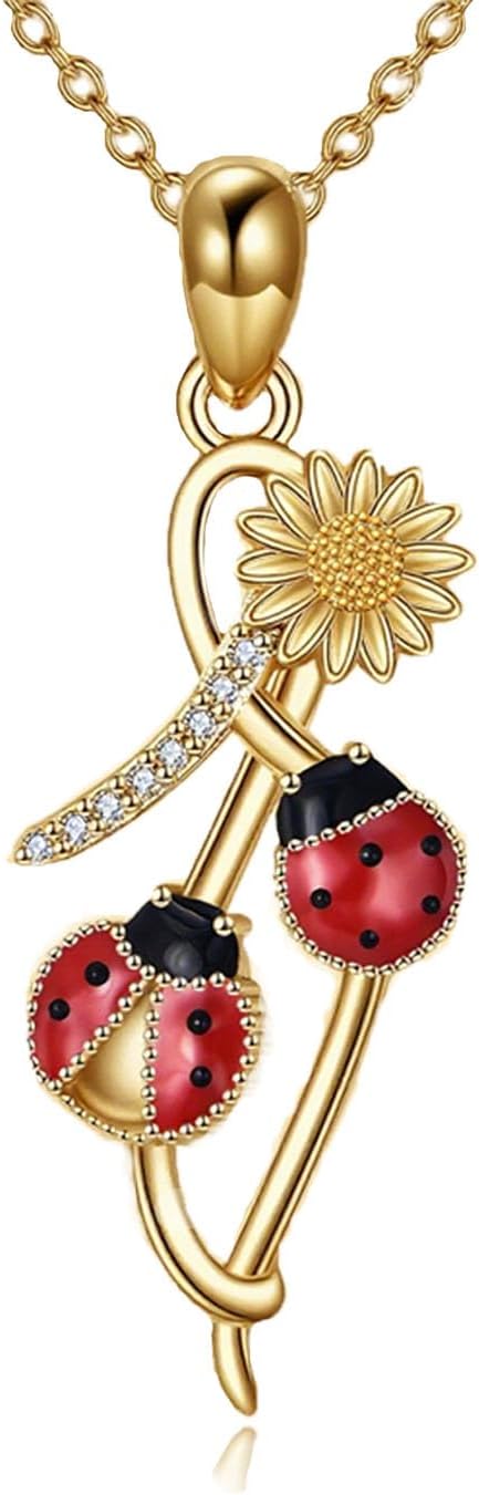 Personalized Ladybug Necklace 10k 14k 18K Solid Gold Customized Lady Bug Necklaces Bug Pendant Personalized Custom Ladybugs Daisy Jewelry Gifts for Women Female Mother