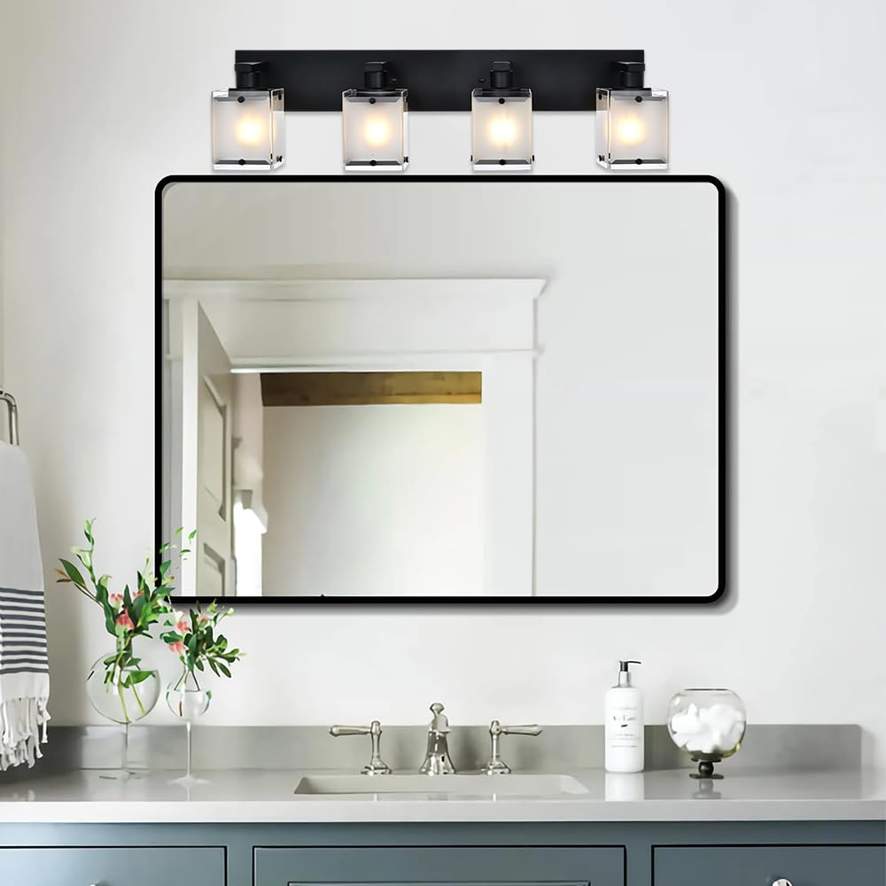 4-Lights Bathroom Vanity Lighting Over Mirror, Black Bathroom Wall Light Fixtures with Frosted Rectangular Glass Shade for Bath Living Room, E26 Bulb Base