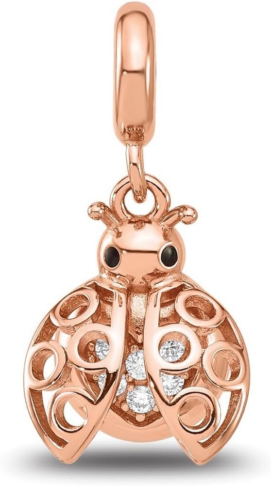 JewelryWeb 2mm 925 Sterling Silver Reflections Rose Gold Plated Cubic Zirconia Lady Bug Dangle Bead Charm Pendant Necklace for Women