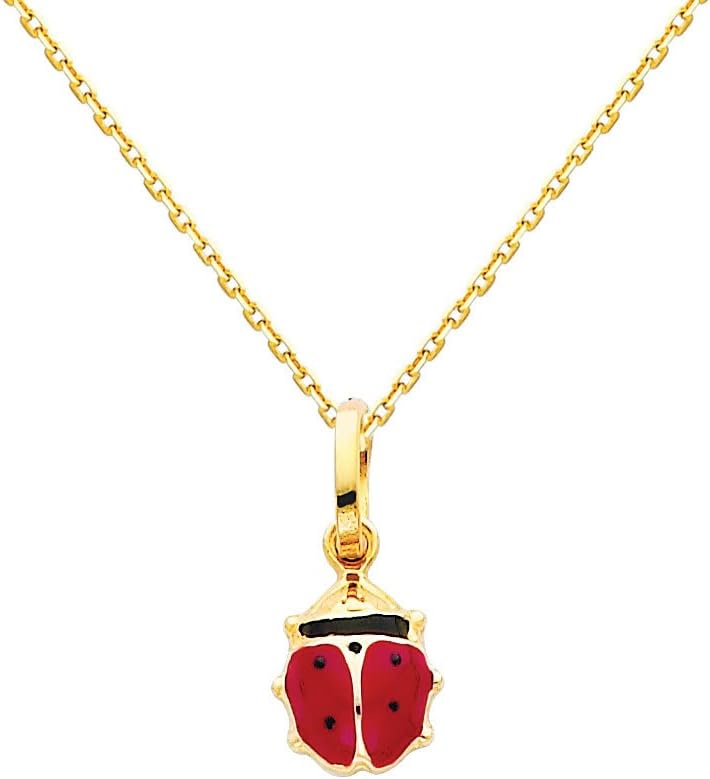 14k Yellow Gold Lady Bug Enamel Charm Pendant with 0.9mm Oval Angled Cut Rolo Cable Chain Necklace