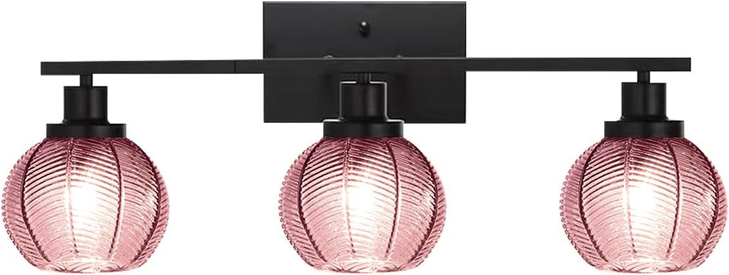 3-Light Pink Globe Bathroom Vanity Light Vintage Wall Sconce | 3-Light Vanity Light, Pink Ribbed Globe Glass Shades, E26, Soft Glow Mirror Lighting For Master Bath, Powder Room, Bathroom