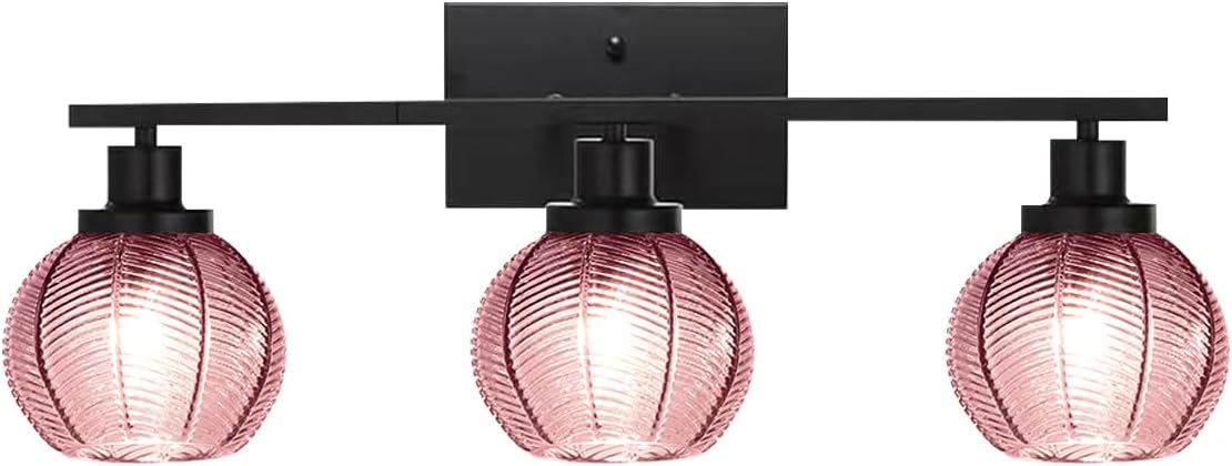 3-Light Pink Globe Bathroom Vanity Light Vintage Wall Sconce | 3-Light Vanity Light, Pink Ribbed Globe Glass Shades, E26, Soft Glow Mirror Lighting For Master Bath, Powder Room, Bathroom