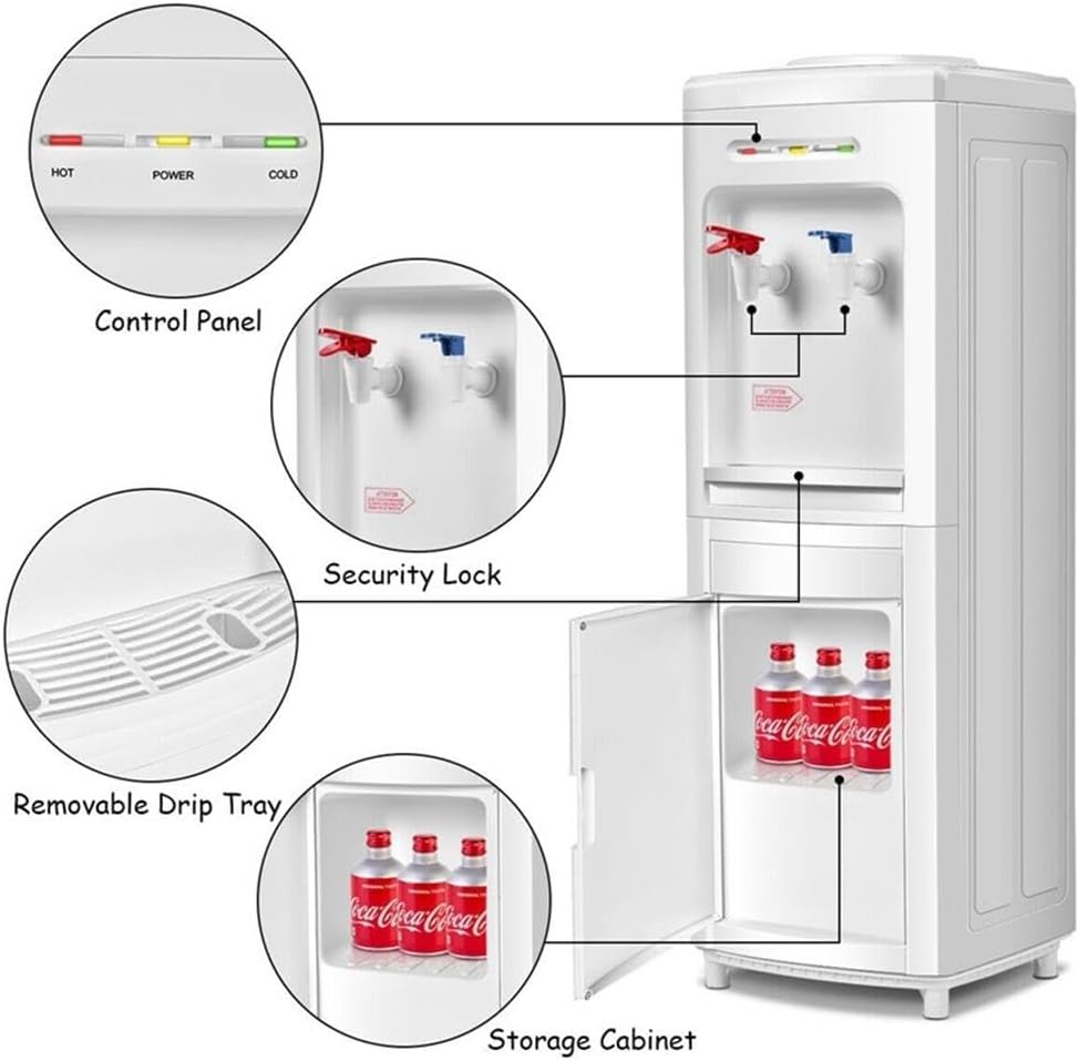 Pemberly Row Electric Water Dispenser, 5 Gallon Bottle Capacity, White Plastic, 11.8'x11.0'x31.5', Child Safety Lock, LED Indicator, Storage Cabinet, Top Load Design for Home or Office Use