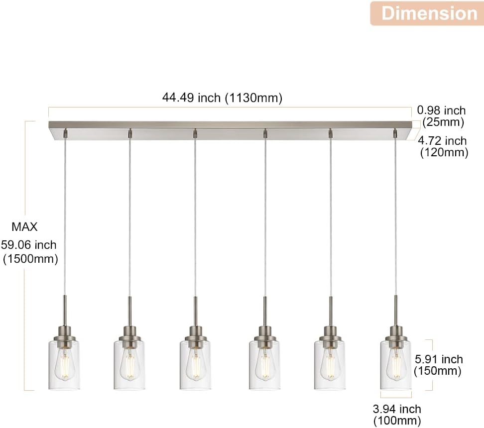 6-Lights Pendant Lighting for Kitchen Island in Brushed Nickel, Ceiling Light Fixtures with Adjustable Hanging Wire & Clear Glass Shades