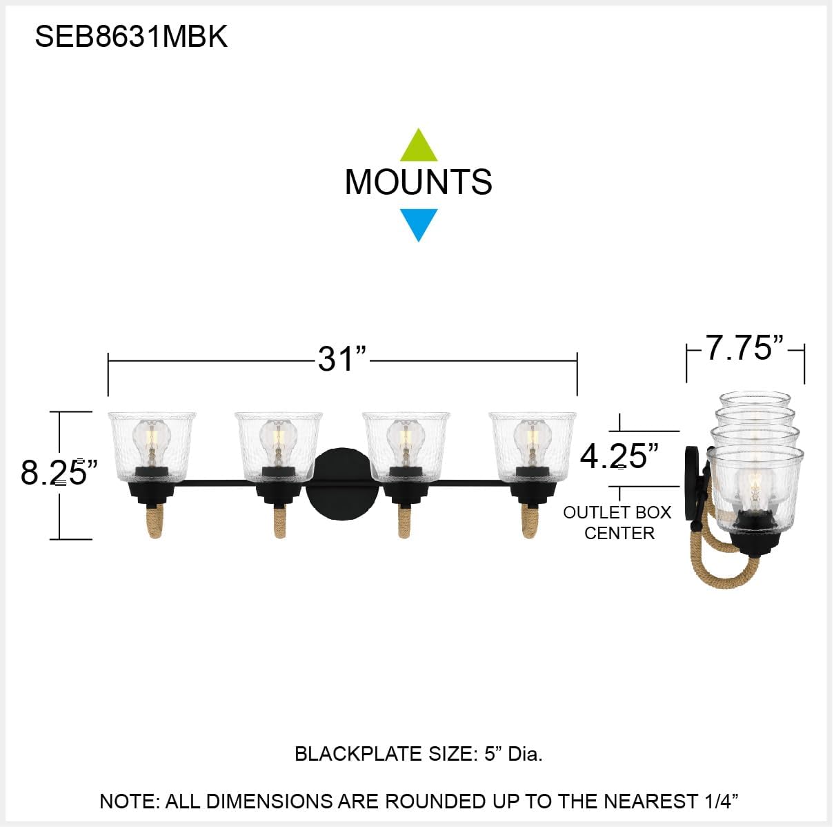 Quoizel Seabreeze Bath Vanity Lights,31 Inch 4-Light Matte Black Coastal-Inspired Lighting Fixtures Over Mirror, Clear Hammered Glass, 100W, Transitional Wall Light for Bathroom, Dresser or Sink