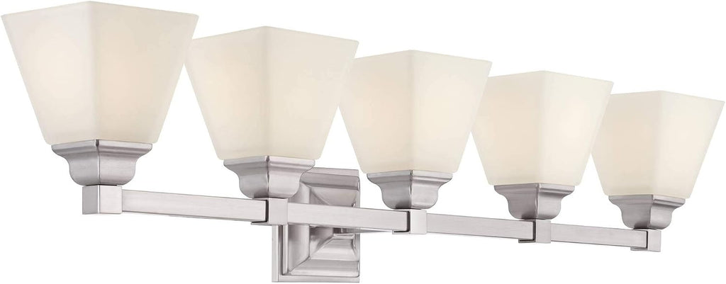 Regency Hill Mencino-Opal Wall Mount Light Satin Nickel Silver Metal Hardwired 35 1/4' Wide 5-Light Fixture Etched White Glass Shade for Bathroom Vanity Mirror House Home Room Decor