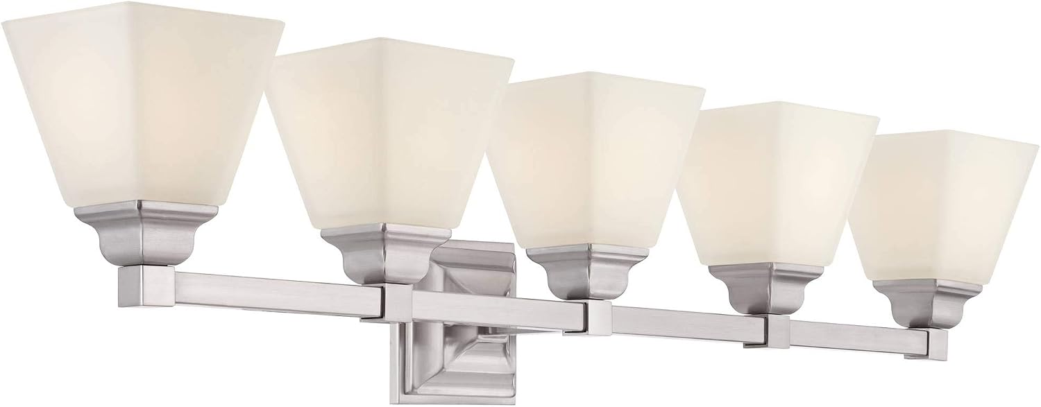 Regency Hill Mencino-Opal Wall Mount Light Satin Nickel Silver Metal Hardwired 35 1/4' Wide 5-Light Fixture Etched White Glass Shade for Bathroom Vanity Mirror House Home Room Decor