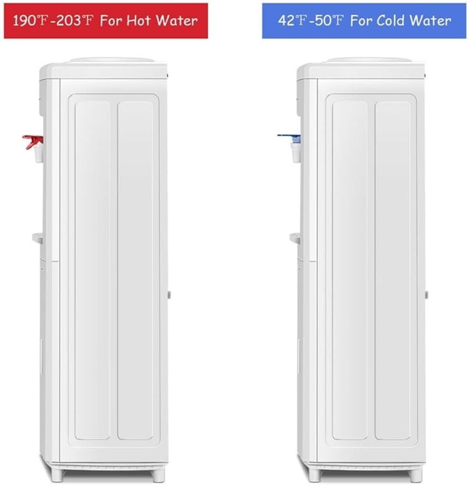 Pemberly Row Electric Water Dispenser, 5 Gallon Bottle Capacity, White Plastic, 11.8'x11.0'x31.5', Child Safety Lock, LED Indicator, Storage Cabinet, Top Load Design for Home or Office Use