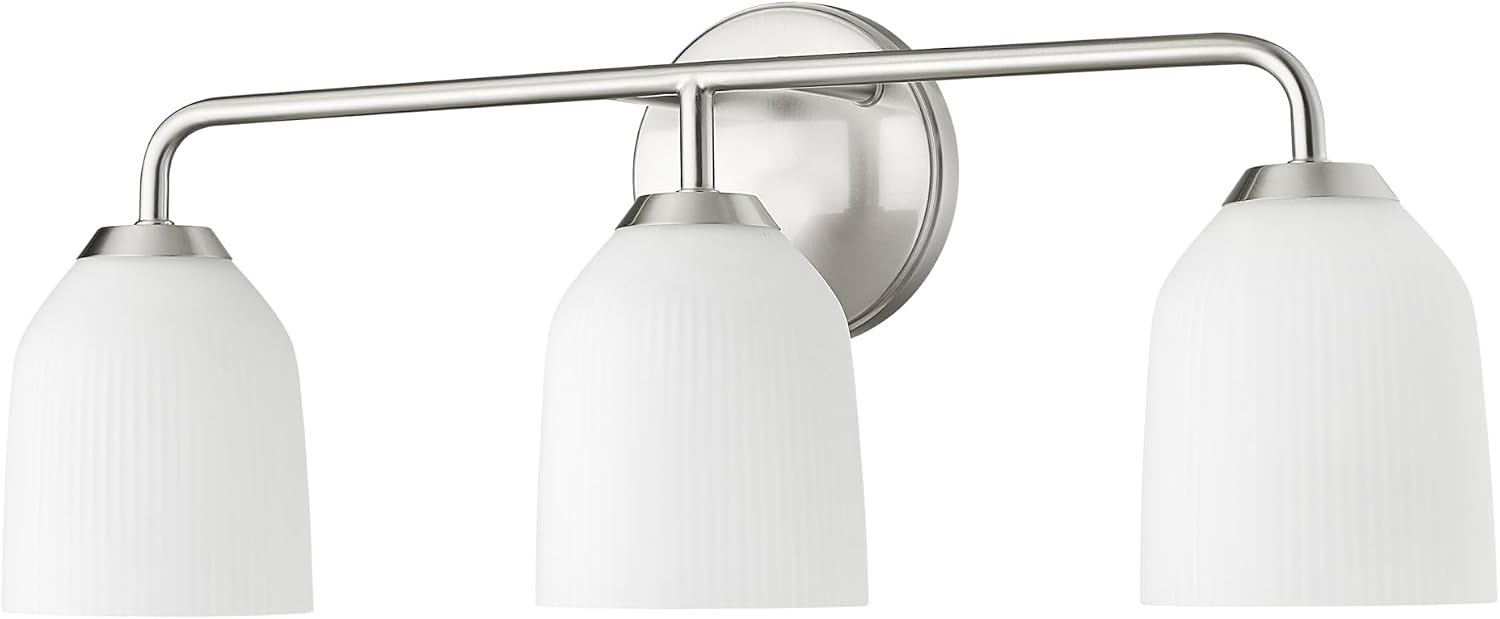 ML Lighting | Norah Collection | 22303-BN | 3 Light Vanity in Brushed Nickel Finish with Opal Ribbed Glass Shade | Versatile Design That adds High-End Texture and Elegance to Your Bathroom
