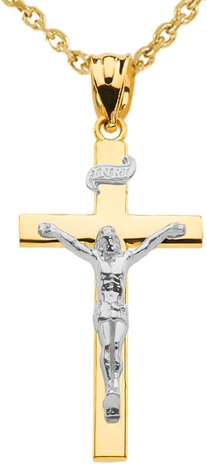10K Two Tone Gold Linear Cross 1.15' INRI Crucifix Charm Pendant Necklace Religious Jewelry - Choice of Chain Lengths